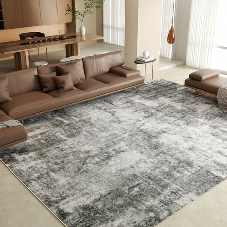 Washable Area Rug for Living Room  NovDeco 9 x12  Non-Slip Neutral Abstract Gray Indoor Rugs  Low Pile Stain Resistant Carpet for Bedroom Kitchen