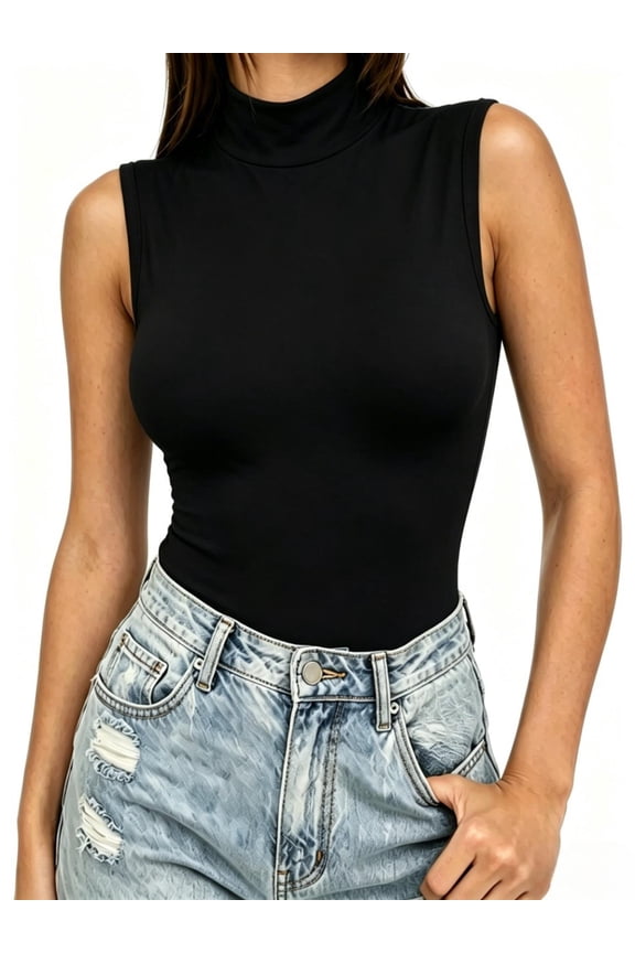 Mock Turtleneck for Women Fitted Sleeveless Tops Tight Shirts Tees