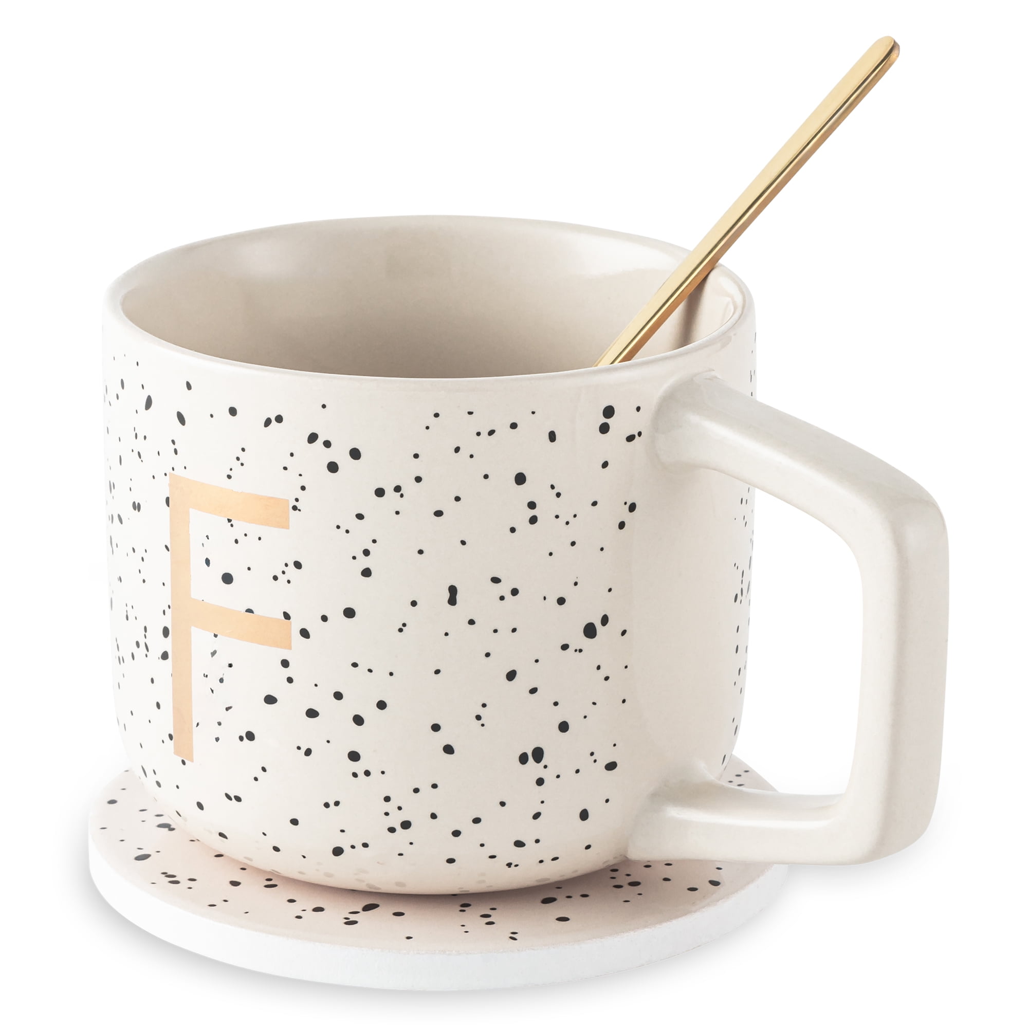 Thyme & Table 13.5 fl oz Monogram F Stoneware Mug Set with Coaster and Gold Stir Spoon