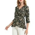 thumbnail image 6 of INSPIRE CHIC Women's Ruffle V-Neck Blouse Floral Self Tie Wrap Peplum Top M Black Brown, 6 of 8