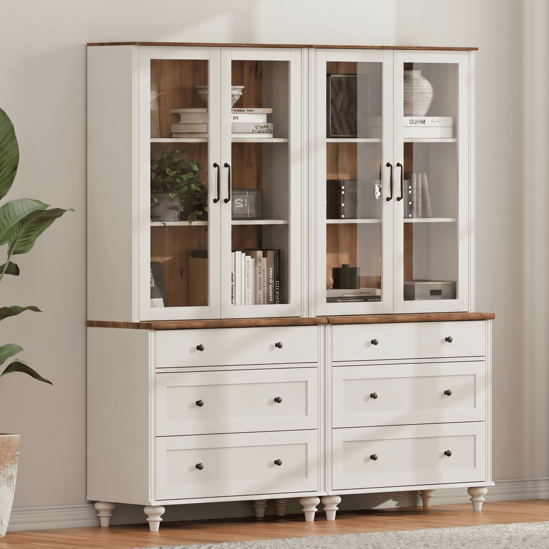 White 5-Tier Bookcase with Glass Doors, Bookshelf with 6 Drawers, Farmhouse Library Wooden Bookshelves for Living Room, Office, Kitchen