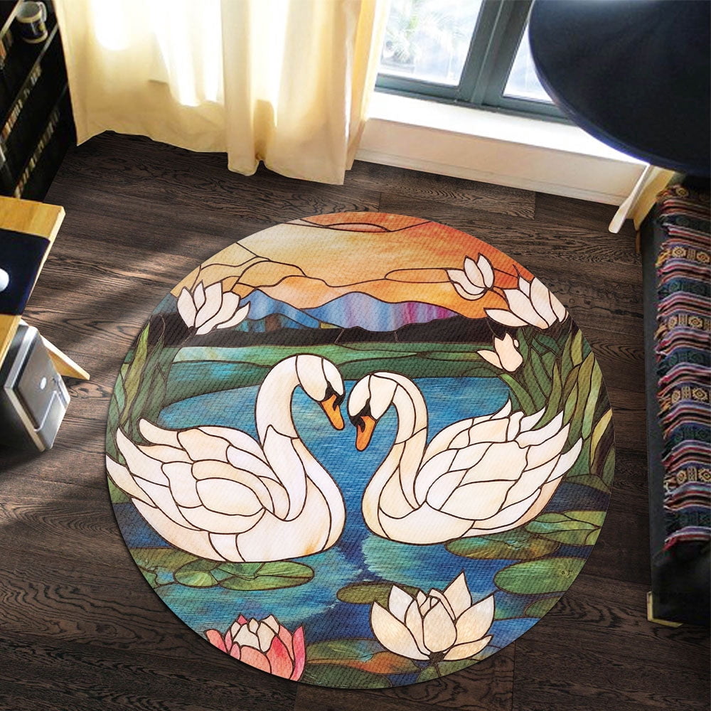 Round Rug, Swans Soft Washable Carpet, Non-Slip Floor Mat for Living Room Bedroom Home Decor 24 Inch