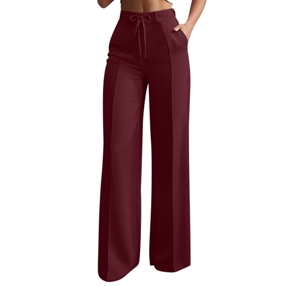 Lmnyox Wide Leg Pants for Women Fashion Solid Color High Waist Drawstring Pants Loose Dress Trousers with Pockets