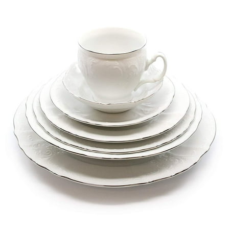 Royalty Porcelain Vintage Antique 7-pc Place Setting 'Bernadotte White Platinum', Bone China Porcelain