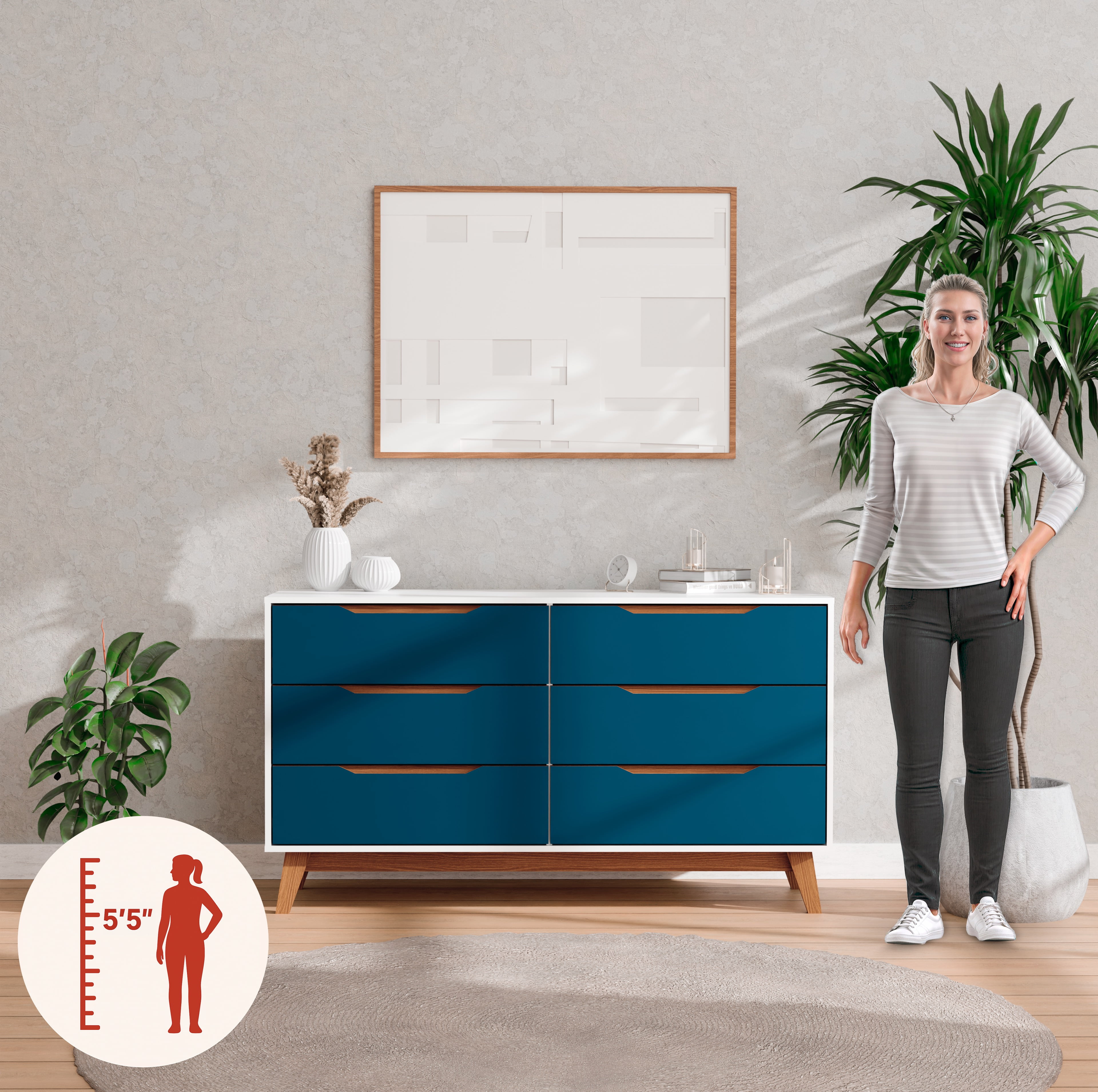 Kappesberg Rio 6-Drawer Dresser with Built-in Handles and Telescopic Slides - White/Blue - for Adults and Teens