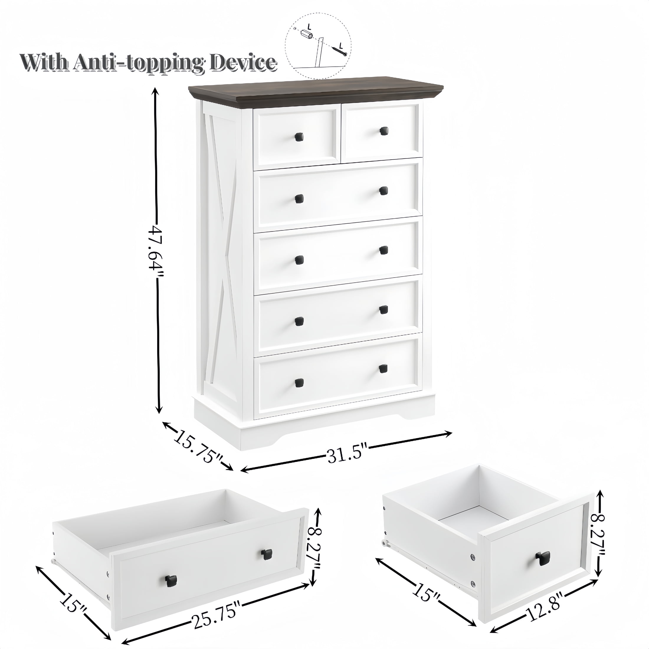 Aukfa 6 Drawer Tall Dresser Chest of Drawers Closet Organizers for Bedroom Living Room,White