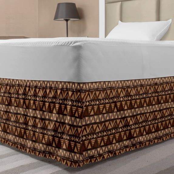 Aztec Bed Skirt, Doodle of Primitive Geometric Motifs in Earthy Tones Pattern, Elastic Bedskirt Dust Ruffle Wrap Around for Bedding Decor, 4 Sizes, Pastel Brown Chocolate, by Ambesonne