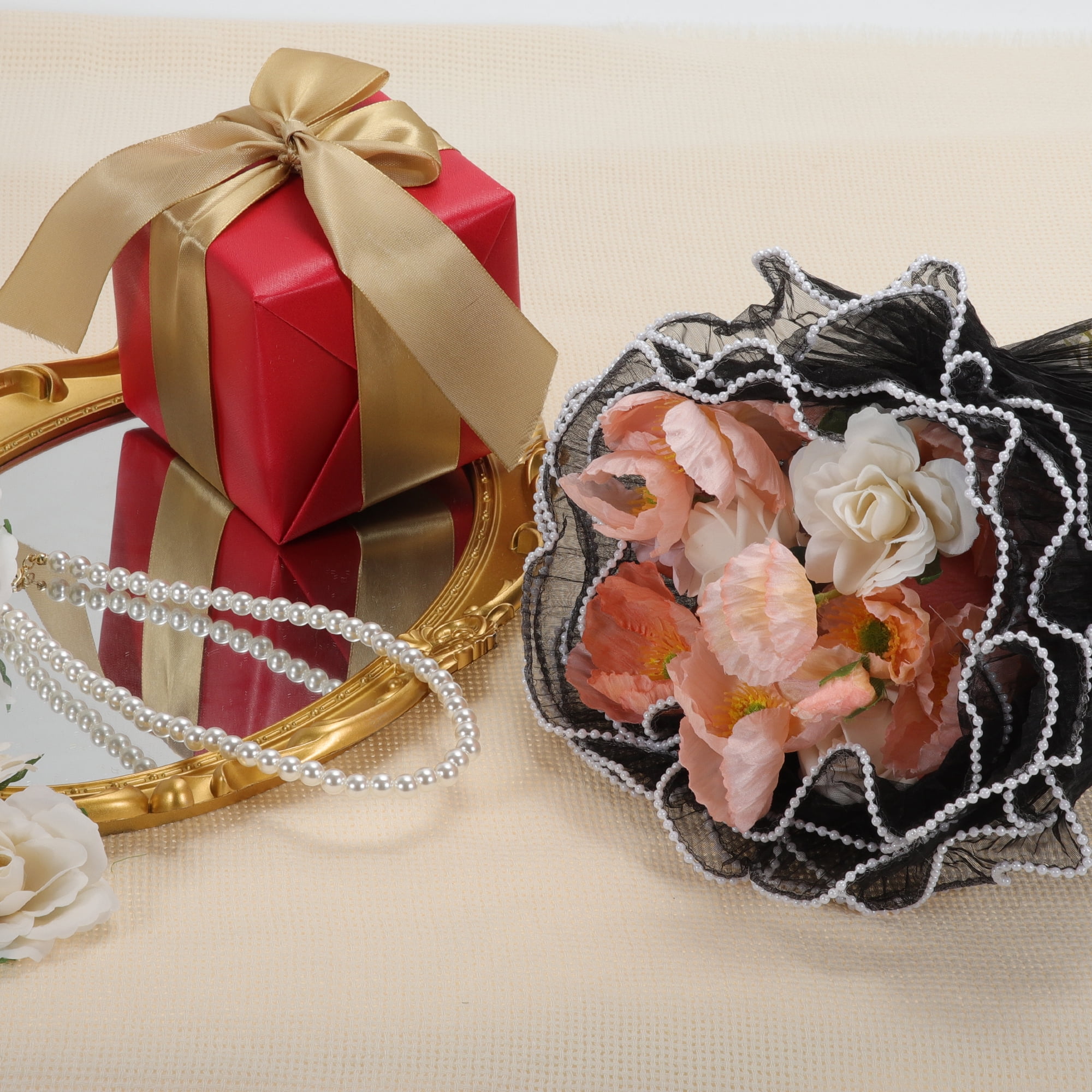 Unique Bargains Faux Pearl Edge Wrinkled Flower Wrap for All Occasions Black