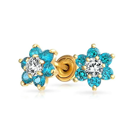 Aquamarine Jewelry - Bling Jewelry 14k Gold Flower Baby Screwback Studs Simulated Aquamarine CZ