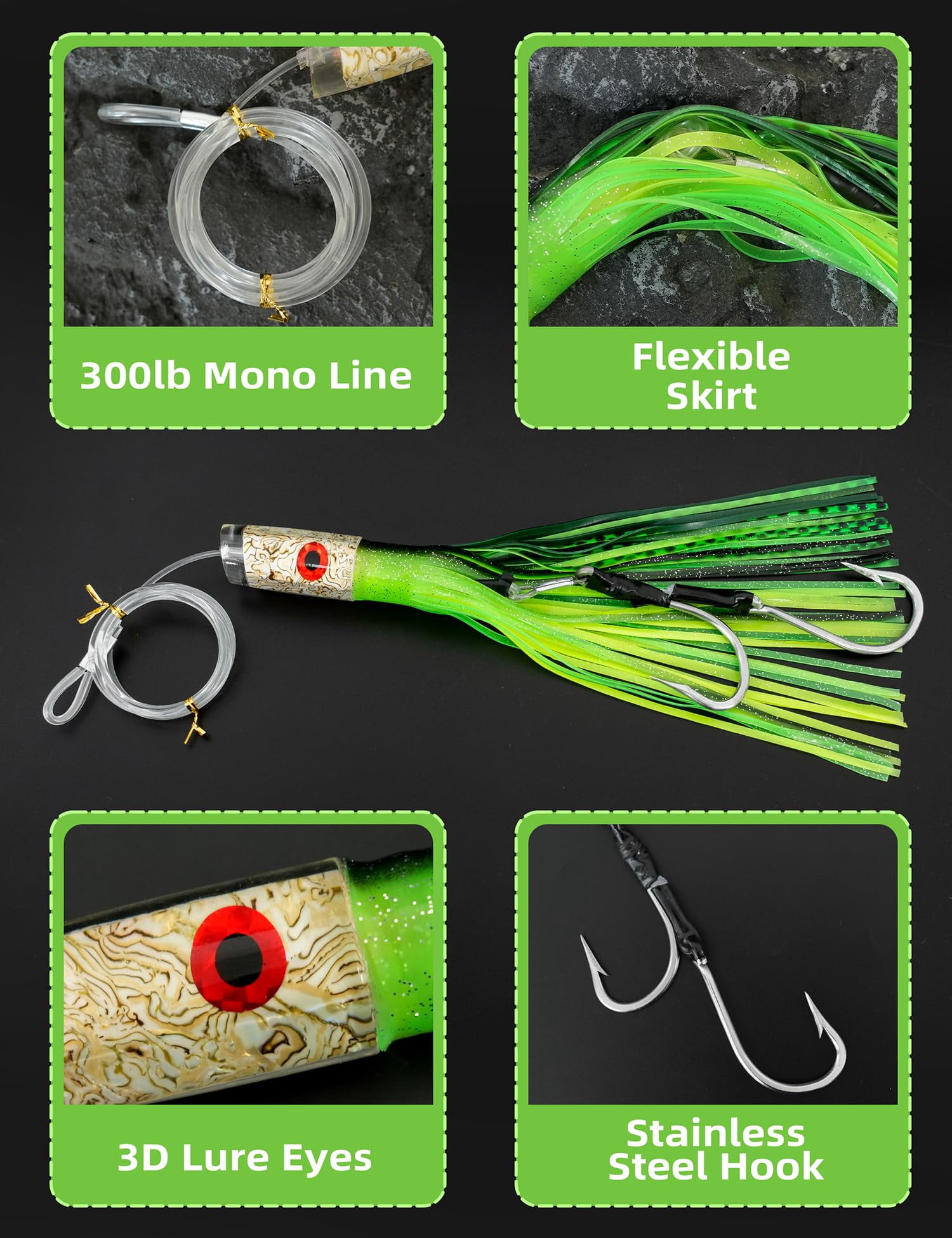 BLUEWING 12in Big Game Trolling Lure with Double Rigged Hookset and 300lb High Strength Fishing Line Saltwater Fishing Lures for Wahoo Tuna Marlin Mahi Mahi Green/Black