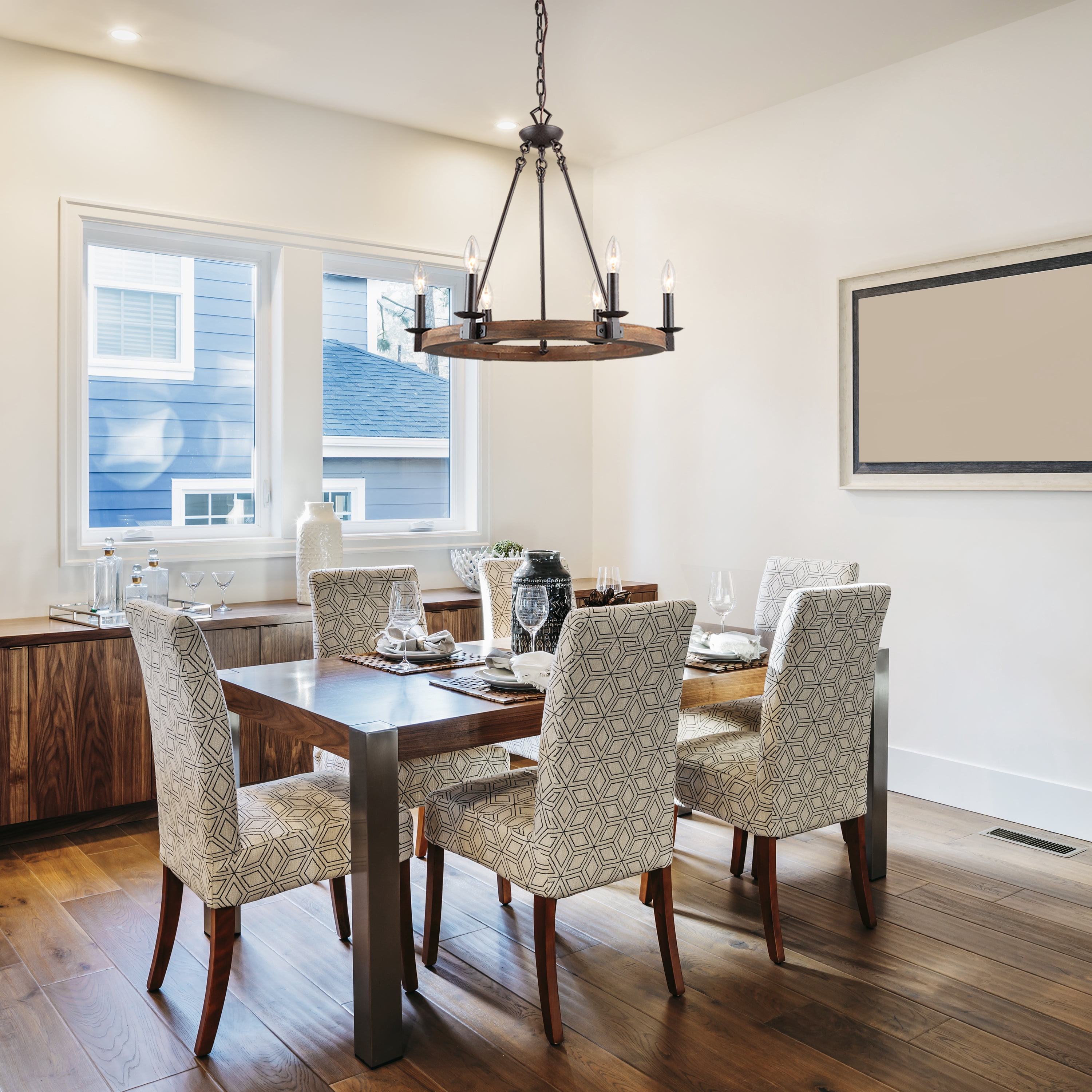 LNC 6-Light Wagon Wheel Chandelier with Wood Frame and Bronze Accents
