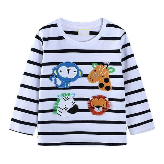 SERTG Kids Playful Print and Stripe Tee Shirt Long Sleeve Round Neck Fall Winter Comfortable Casual Top for Toddler Kids 2-8 Years(White,2 Years)