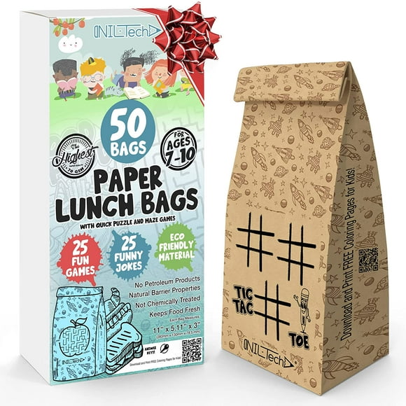 NIL-Tech: Paper Lunch Bags 50 Pcs - Gift Your Kids a Smile, Printed Fun Games and Jokes on Each Brown Sandwich Bags.