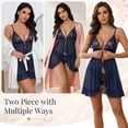 thumbnail image 5 of DAKIMOE Sexy Lingerie for Women Pajamas Set Open Front V Neck Ruffle Sheer Mesh Lace Wireless Babydoll Lingerie Dress with Thong 2 Piece for Valentine's Day, 5 of 11