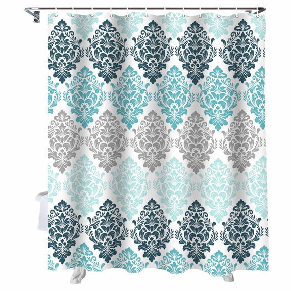 Shower Curtain Floral Damask Pattern Shower Curtains for Bathroom Bathtub, Waterproof Fabric Shower Curtain Set with Hooks, Extra Long 72" x 78" Ombre Teal Blue Luxury