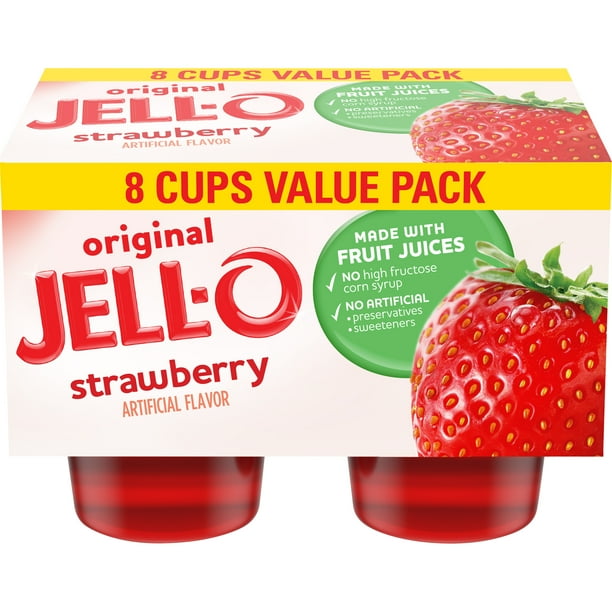 JellO Original Strawberry Jello Cups Gelatin Snack Value Pack, 8 Ct