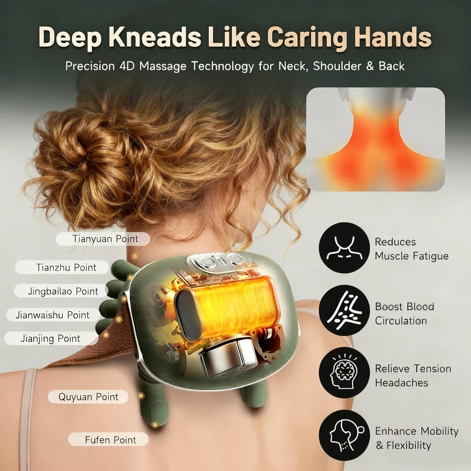 The Bionic 3D Neck & Shoulder Massager with Heat, 4D Shiatsu Deep Tissue Massage for Pain Relief, Cordless Rechargeable, Green