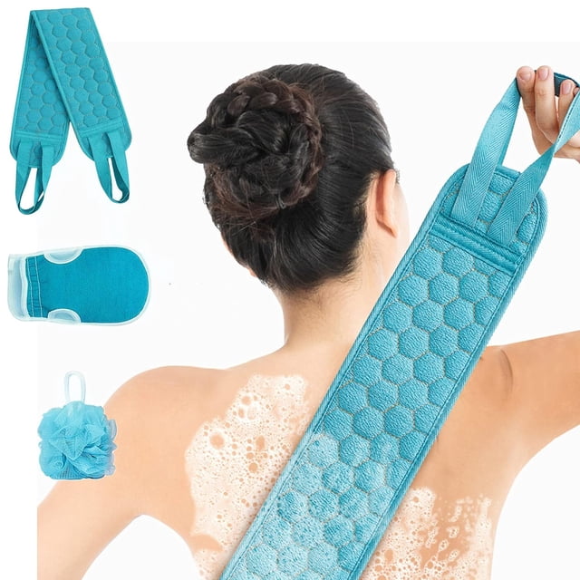 Juego de cuidado corporal revitalizante, cepillo exfoliante extra largo para la espalda que promueve la circulación sanguínea, algodón suave para pieles sensibles, juego de esponjas de baño con
