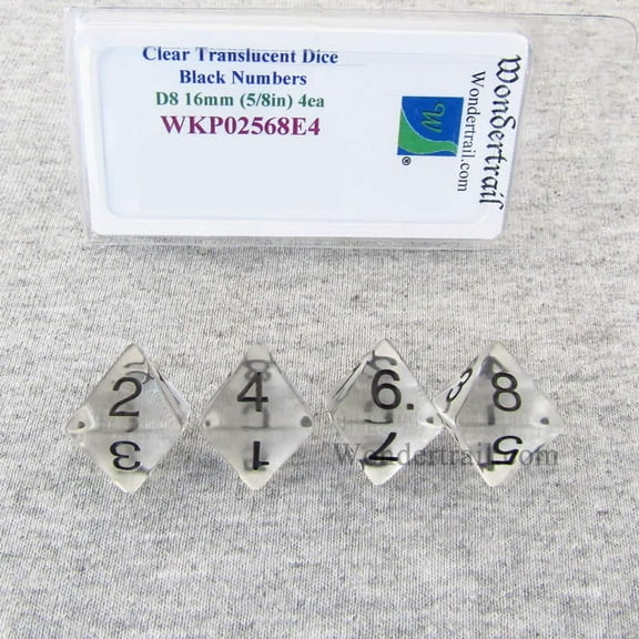 Clear Transparent Dice with Black Numbers D8 16mm (5/8in) Pack of 4 Wondertrail