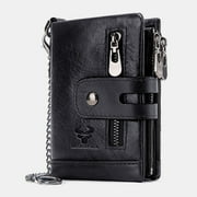 Ciaoed Men Genuine Leather RFID Anti-scanning Anti-Theft Zipper Wallet With Chain - Black