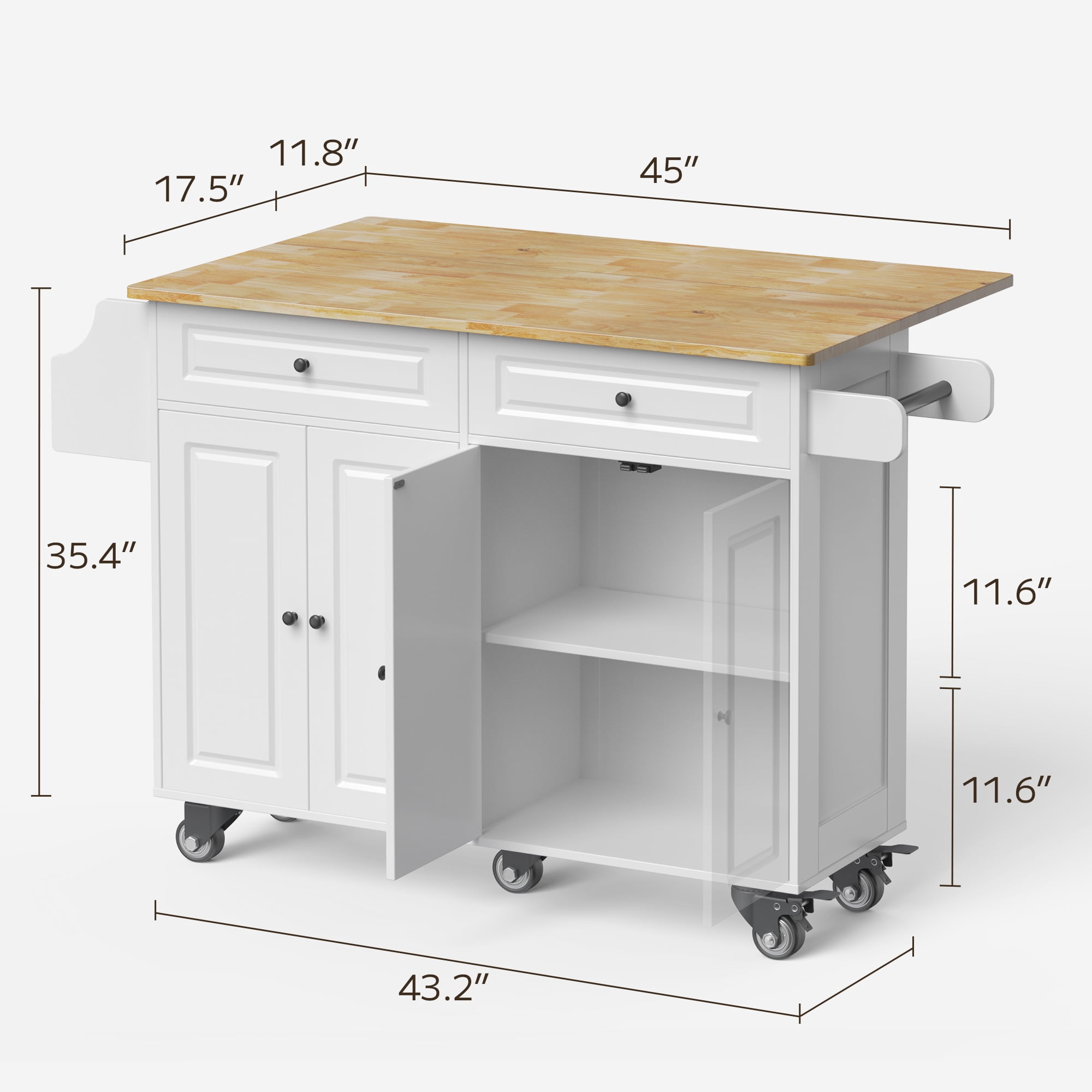 Lofka Kitchen Island, Rolling Kitchen Carts with Wheels & 52" Folding Drop Leaf, Mobile Storage Cabinet with 2 Drawers for Dining room, White