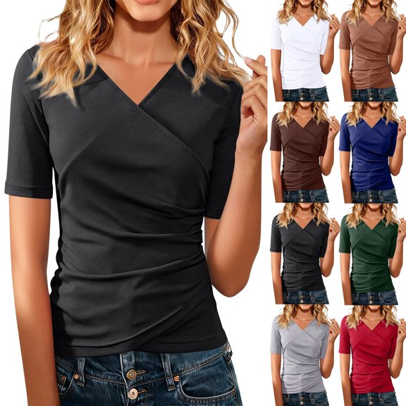 Kelon Womens Summer Short Sleeve V Neck 2026 Summer Casual Basic Workout Clothes Business Casual Office Top, S