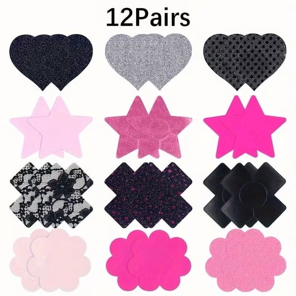 12 Pairs Pink and Black Nipple Covers for Women - Self-Adhesive Disposable Breast Stickers, Invisible Pasties for Backless & Strapless Outfits