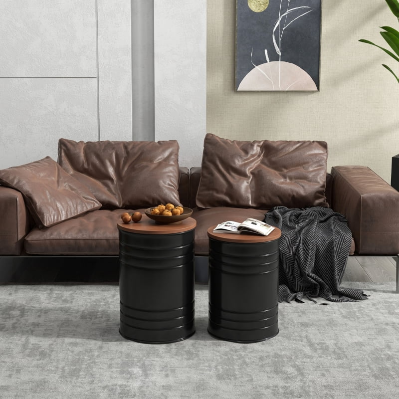 HOQBN Round Storage Ottoman Set of 2, Nesting Ottomans with Wooden Lid, Metal Frame and Hidden Storage Space for Bedroom