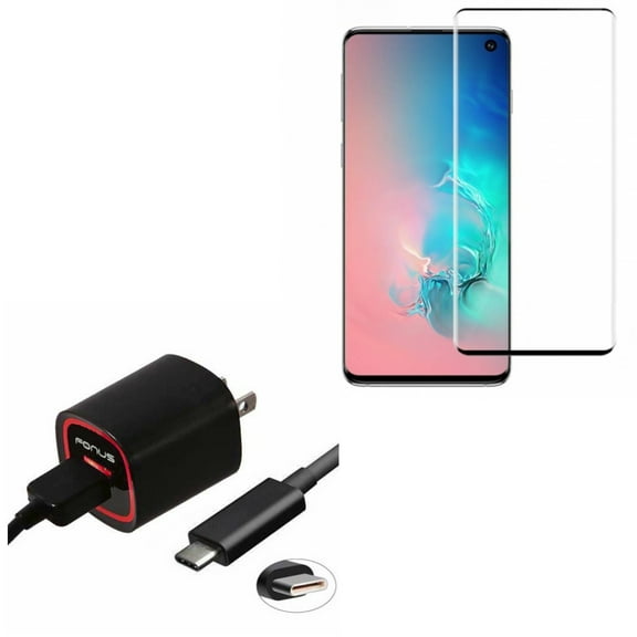Fast 18W Home Charger w Tempered Glass Screen Protector for Samsung Galaxy S10 Plus - USB Cable 6ft TYpe-C Power, [Fingerprint Unlock] 3D Curved Edge Full Cover K1P