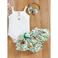 thumbnail image 2 of Franhais Baby Girls Three-piece Layette, Solid Color Romper, Fruit Print Skirt Hem Shorts and Headdress, 0-18 Months, 2 of 8