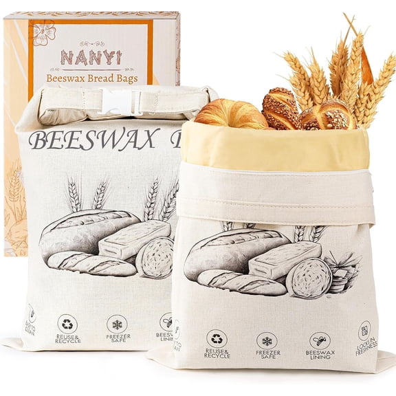 2-Pack Reusable Beeswax Bread Bags for Sourdough & Homemade Bread，Cotton Waxed Bags Keeps Fresh Longer(Ivory Loaf)