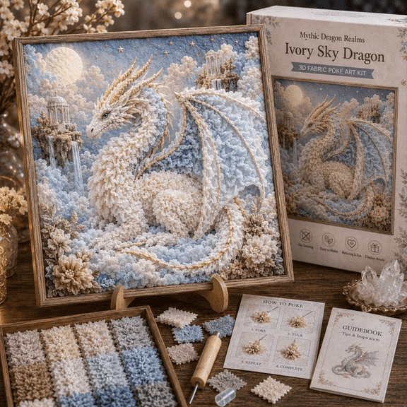 2026 NEW Mythic Dragon Realms 3D Fabric Poke Art Kit, Dragon Fabric Poke Craft, DIY Kit for Adults with Pre-Cut Fabric Squares, Handmade Fantasy Wall Decor, Gift for Dragon Lovers Ivory Sky Dragon