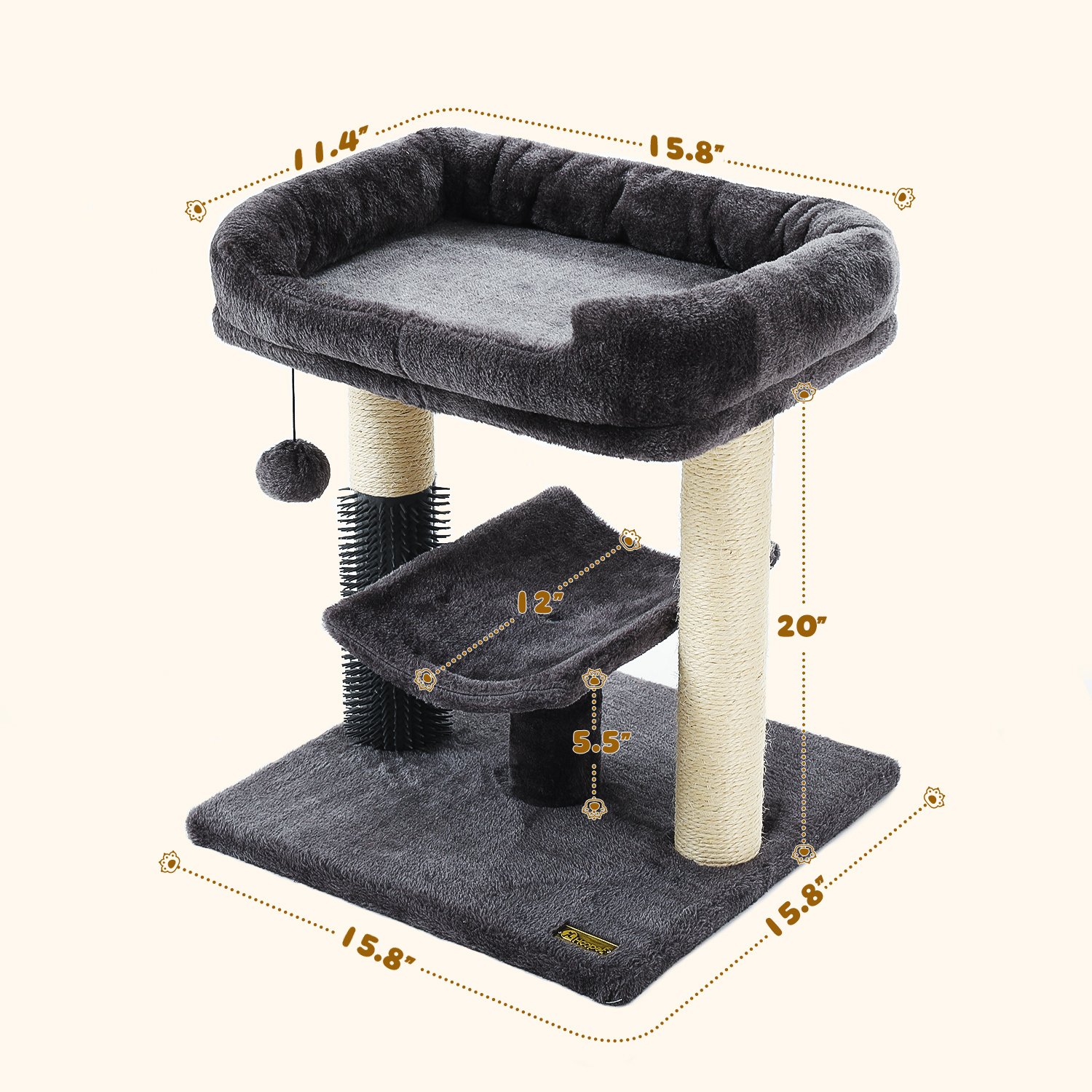 Hoopet 20" Cat Tree Tower, Scratching Post for Indoor Cats with Cozy Perch, Self Groomer & Interactive Ball,Smoky Grey