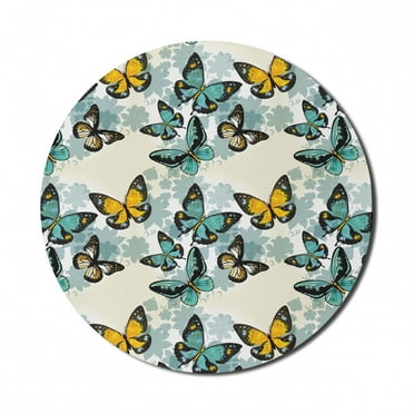 Butterfly Mouse Pad for Computers, Romantic Design Illustration with Bicolor Insects on Floral Silhouettes, Round Non-Slip Thick Rubber Modern Mousepad, 8" Round, Eggshell Multicolor, by Ambesonne