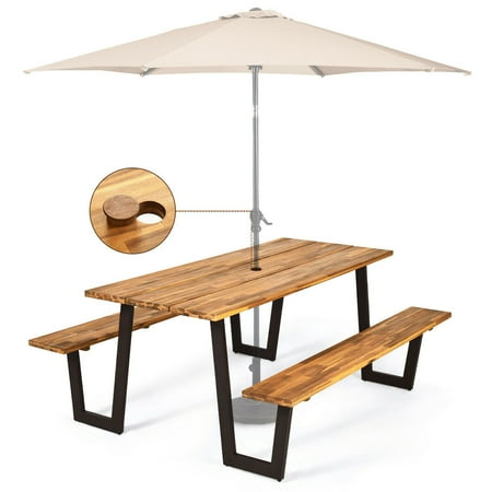 table picnic benches umbrella hole gymax bench camping built wooden outdoor costway seats dining