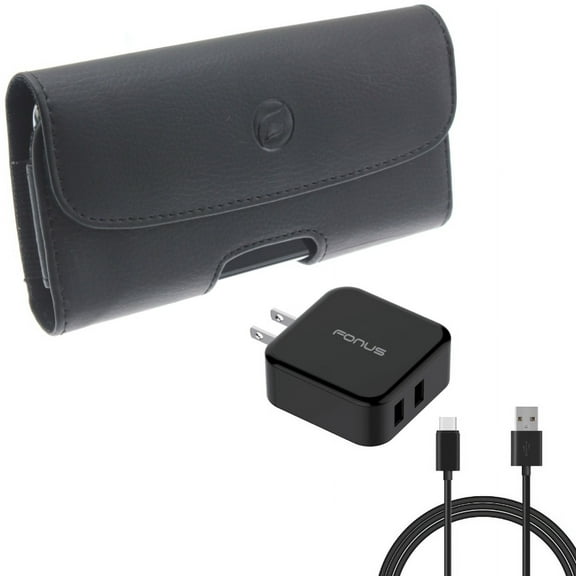 Case Belt Clip & Quick Home Charger for iPhone 15 Pro - Leather Holster Cover Pouch and 30W 6ft USB Cable 2-Port USB Power Cord Q1P for iPhone 15 Pro (6.1")