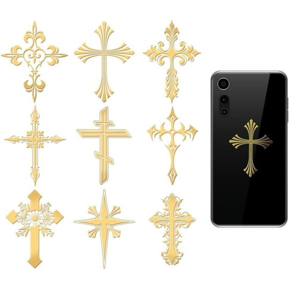 9pcs 1.6x1.6 Inch Religion Metal Stickers Cross Metal Gold Sticker Self-Adhesive Picture Stickers Self Adhesive Gold Sticker Decorate Decals for Scrapbooks Phone Water Bottle Decor