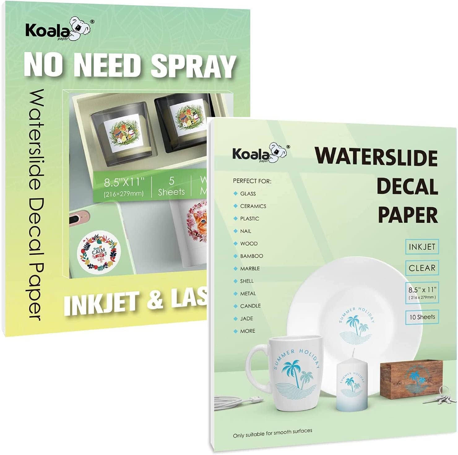 Kit KOALA No Spray Waterslide Decal Paper White Matte for Inkjet & Laser  Printers + Clear Waterslide Paper for Inkjet Printer for DIY Tumblers,  Models, etc 