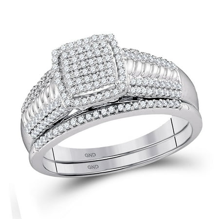 Gold Wedding Band Set - 10kt White Gold Womens Round Diamond Square Cluster Bridal Wedding Engagement Ring Band Set 3/8 Cttw
