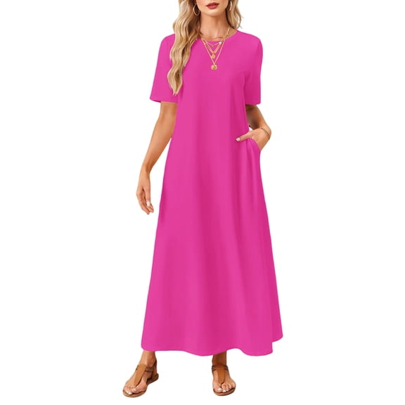Summer Maxi Dresses for Women Beach Vacation Casual Short Sleeve Long T Shirt Dress with Pockets Rose Red L