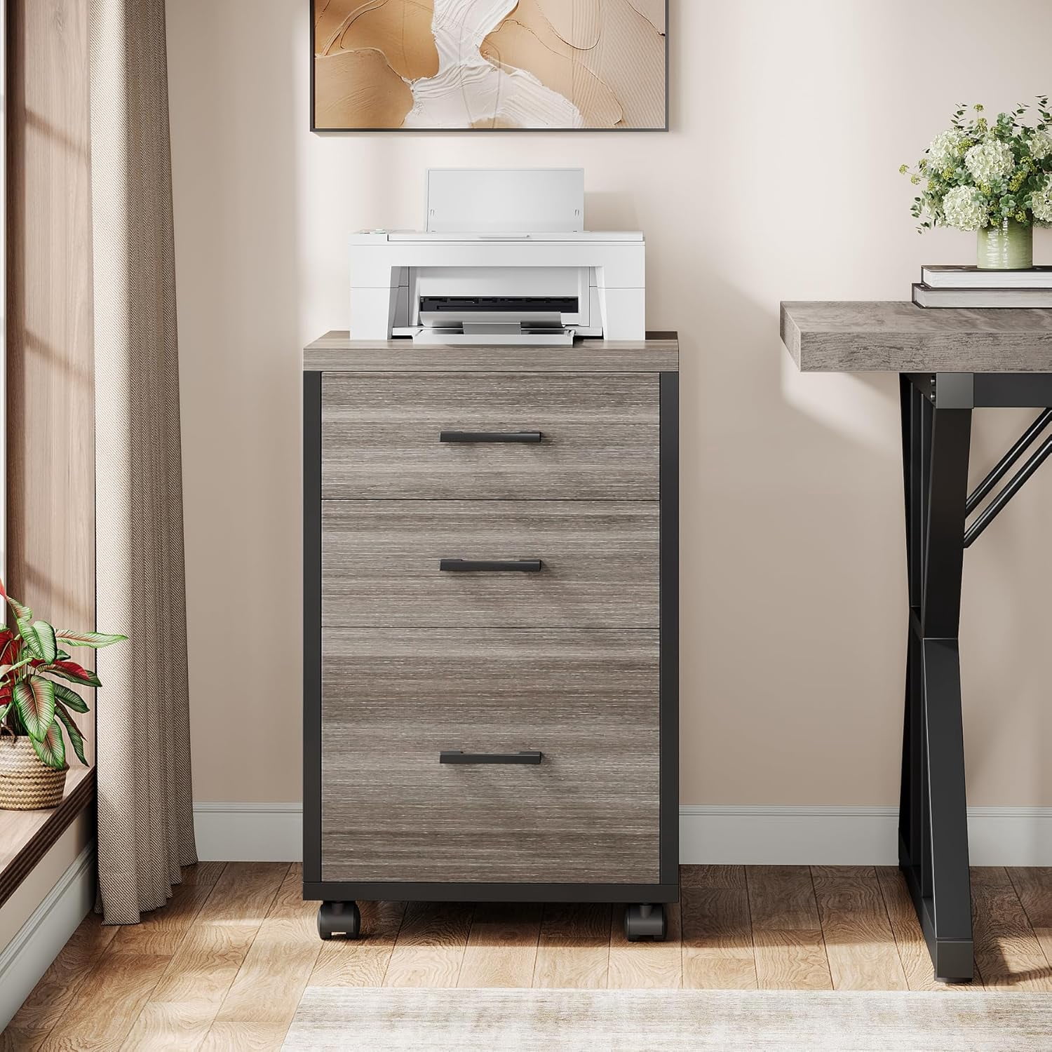 Triebsigns 3 Drawer Rolling File Cabinet, Modern Wooden Office Filing Cabine for Home Office Under Desk (Gray)