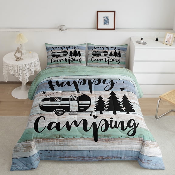 Truck Camper Accessories Comforter Set,Camper Bedding Sets Youth Teens,Happy Camping Duvet Bedding Comforters RV Inside Decor,Birthday Gifts Camper Lovers,Full Size