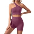 thumbnail image 2 of 2 Piece Set Seamless for Women One Shoulder Sports Bra Ribbed Asymmetrical Non Padded Yoga Crop Shorts, 2 of 4