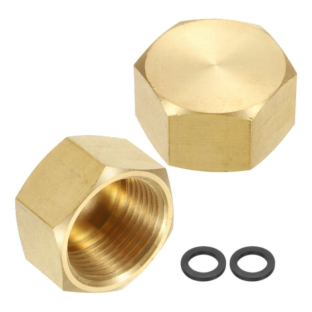 2Pcs Tapón de cabeza hexagonal de latón, tapa de compresión, tapa de válvula de detención, accesorio de tubería de rosca hexagonal de 3/4" NPT con junta para acondicionador de aire, agua, oro