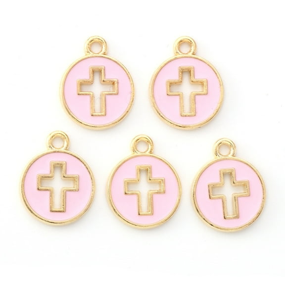 100 pc Light golden Plated Alloy Enamel Pendants Flat Round with Cross Pearl Pink 15x12x1.5mm Hole: 1.6mm
