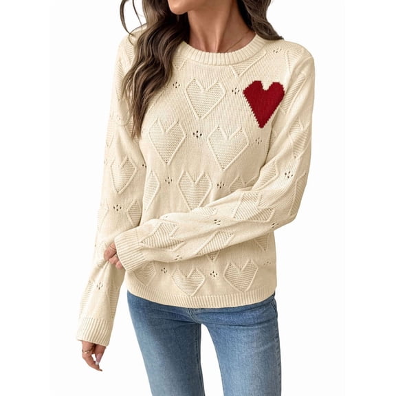 Women Heart Sweater Crew Neck Casual Long Sleeve Loose Fit Love Print Ribbed Knit Sweaters Pullover Top Color M