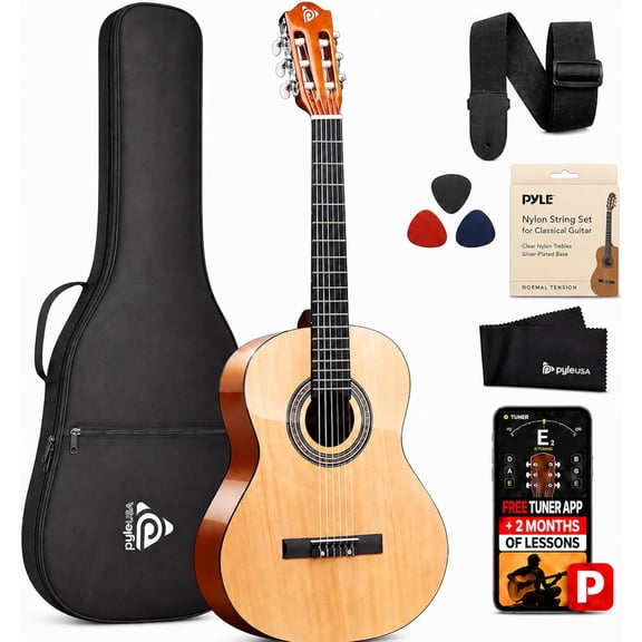 Pyle Beginner Acoustic Guitar Kit, 3/4 Junior Size Instrument for Kids, Adults, 39" Natural Gloss