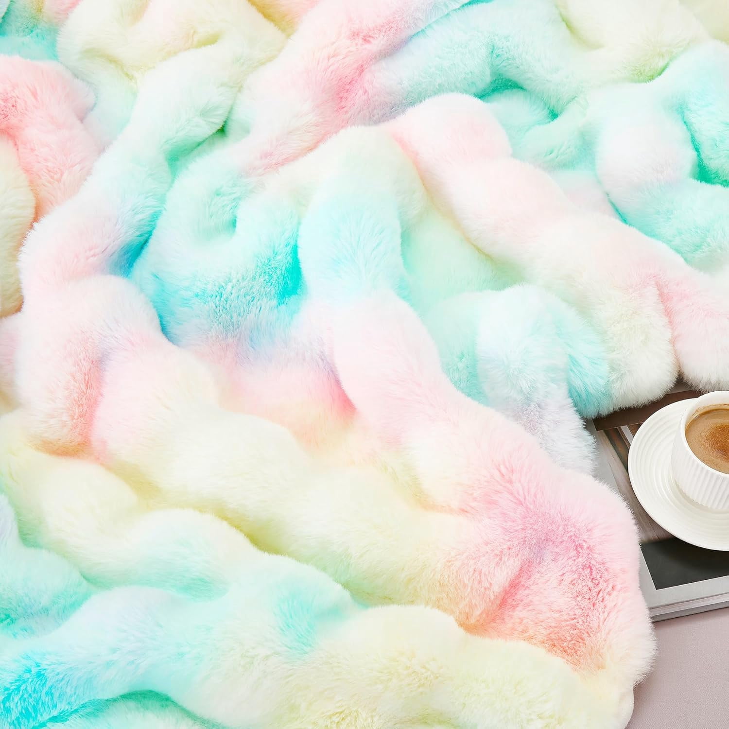 JONIYEAR Soft Decorative Colorful Bubble Faux Rabbit Fur Throw Blanket 50" x 60", Extra Thick Textured Warm Fluffy Blanket,Luxury Shaggy Cute Cozy Fuzzy Furry Lap Blanket for Couch Women Girl,Rainbow