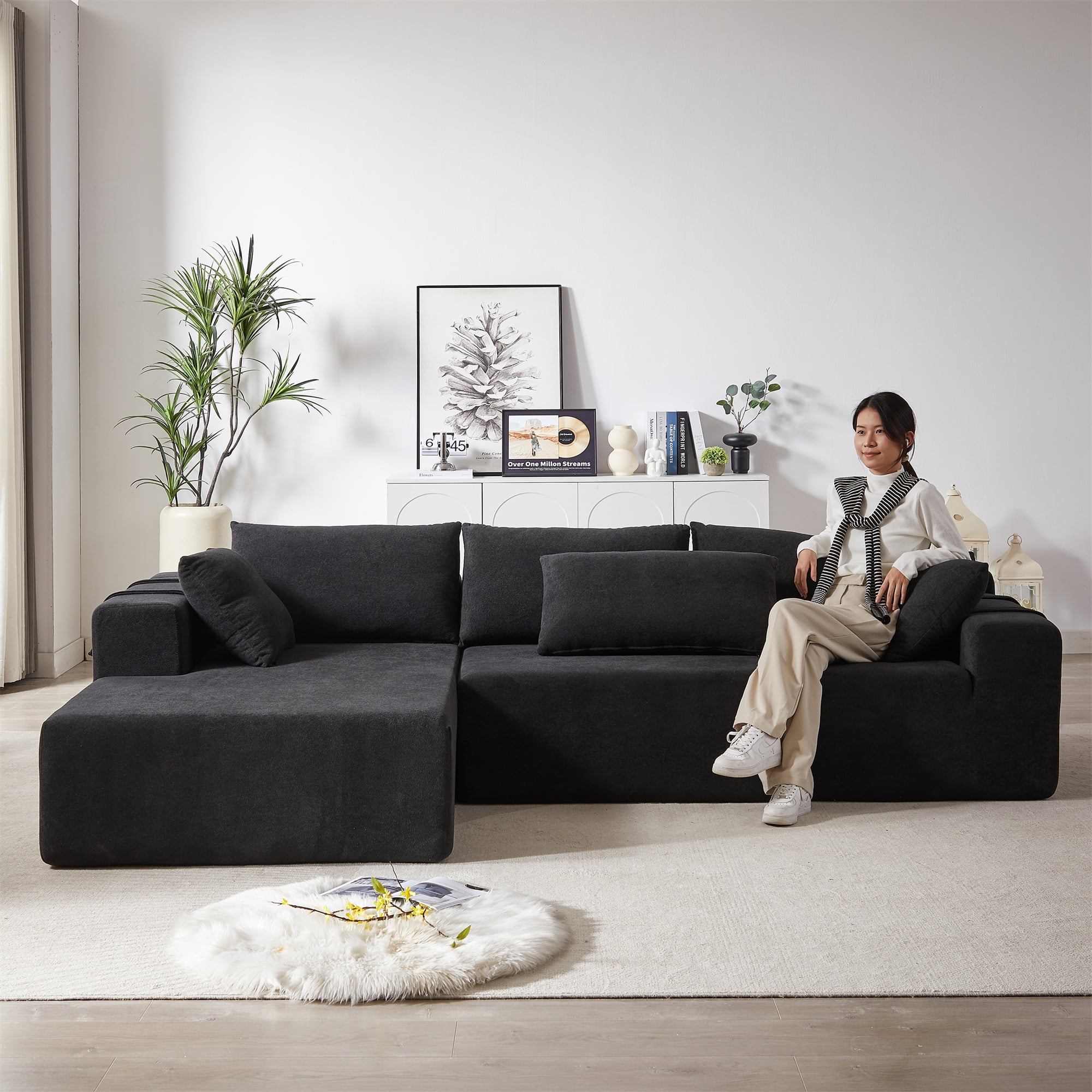 Aukfa 108" Modular Sectional Couch, Deep Seat Cloud Sofa with 6 Pillows, No Assembly, Left Chaise, Black