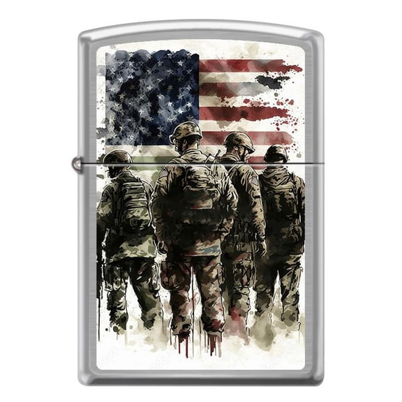 US Soldiers with American Flag Design Patriotic Chrome Zippo Lighter